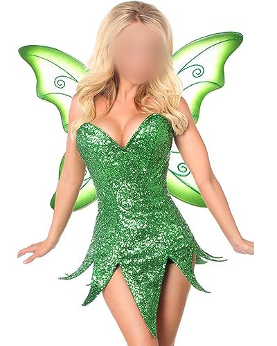 Acrawnni Damen Halloween Waldfee Tinkerbell Cosplay Kleid Kostüm Paillettenkleid Outfits Halloween Elfenkleid mit Flügeln (F-Green, XL) von Acrawnni
