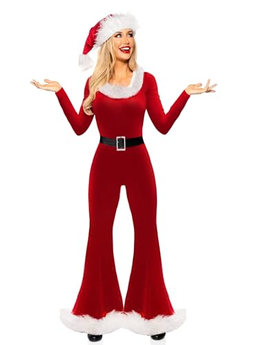 Acrawnni Damen-Overall mit Weihnachtsmann-Motiv, langärmelig, Samt-Kunstfellbesatz, Gürtel, Glockenunterteil, ausgestellter Overall, Mrs.Claus, Weihnachtsmann-Outfit mit Hut (A-Red, L) von Acrawnni