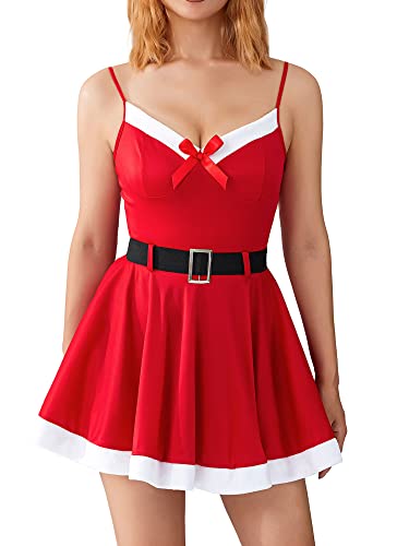 Acrawnni Damen Weihnachten Santa Kleid Deluxe Mrs. Claus Kostüm Gürtel Samtkleid Nikolausmütze Set Cosplay Outfits (B-Red, M) von Acrawnni