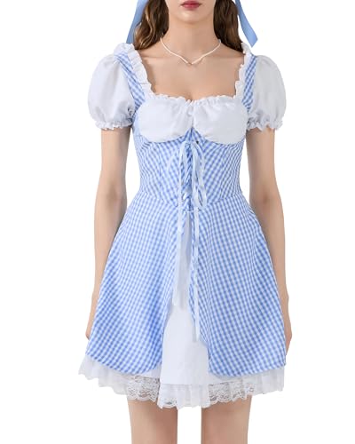 Acrawnni Dorothy Damenkostüm für Halloween, kurze Puffärmel, Spitzensaum, kariert, Korsett, Minikleid, Cosplay-Kleid (A-Himmelblau, Größe XL) von Acrawnni