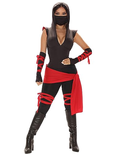 Acrawnni Drachen-Ninja-Kostüm für Damen, Halloween, Festivals, Rave-Party, Rollenspiel, Strampler-Kostüm, Anime, Cosplay, Ninja-Krieger-Kostüm, Erwachsene (C-Schwarz, L) von Acrawnni