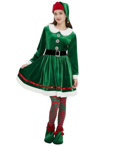 Acrawnni Erwachsene Weihnachten Cosplay Kostüm Set Santa 's Helper Grüne Elfe Cosplay Samt Erwachsene Elfenkostüm mit Hut Weihnachtsbaum Set (F-Grün, S) von Acrawnni