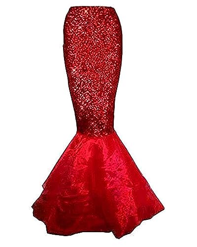 Acrawnni Frauen Meerjungfrau Rock Kostüm Dessous Halloween Cosplay Fancy Pailletten Langer Schwanz Kleid mit asymmetrischen Mesh Panel (A-Red, L) von Acrawnni
