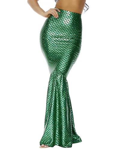 Acrawnni Frauen Meerjungfrau Rock Kostüm Dessous Halloween Cosplay Fancy Pailletten Langer Schwanz Kleid mit asymmetrischen Mesh Panel (C-Green, L) von Acrawnni