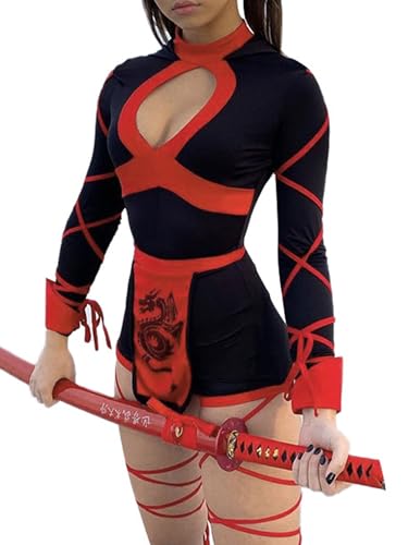 Acrawnni Halloween-Drachen-Ninja-Kostüm für Damen, Festivals, Rave-Party, Rollenspiel, Strampler-Kostüm, Anime, Cosplay, Ninja-Krieger-Kostüm für Erwachsene (B-Schwarz, L) von Acrawnni