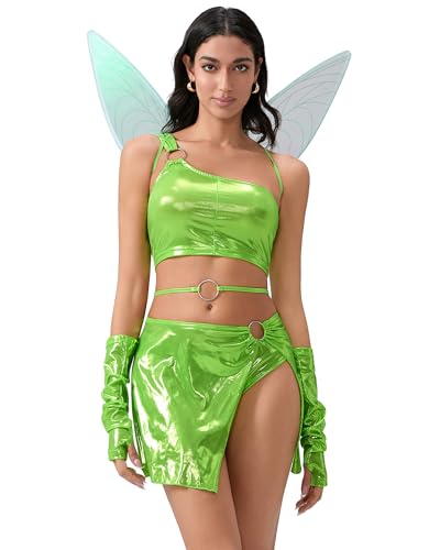 Acrawnni Halloween-Feenkostüm für Damen, Deluxe-Tank-Top, Panty Minirock, Armärmel mit Feenflügeln, Cosplay-Party-Outfits (Standard, L, A-fluoreszierendes Grün) von Acrawnni