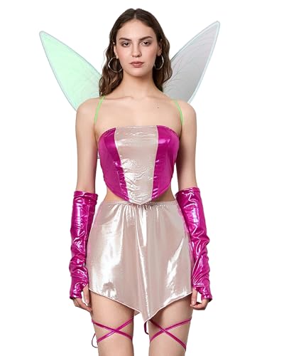 Acrawnni Halloween-Feenkostüm für Damen, Deluxe-Tank-Top, Panty Minirock, Armärmel mit Feenflügeln, Cosplay-Party-Outfits (Standard, M, C-Rosa) von Acrawnni