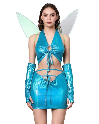 Acrawnni Halloween-Feenkostüm für Damen, Deluxe-Tank-Top, Panty Minirock, Armärmel mit Feenflügeln, Cosplay-Party-Outfits (Standard, S, D-Blau) von Acrawnni