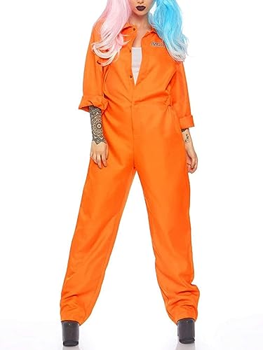 Acrawnni Halloween Jail Kostüme Brief drucken lange Ärmel Gefängnis Overall für Erwachsene Kleinkinder Rollenspiel Party Cosplay Outfits (Women, A-Women Orange, L) von Acrawnni