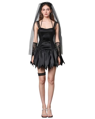 Acrawnni Halloween-Kostüm für Damen, Totbraut-Kostüm, Geist, Leiche, Braut, Korsett-Kleid und Schleier, Blumen-Stirnband-Set für Cosplay-Outfits (F-Schwarz, M) von Acrawnni