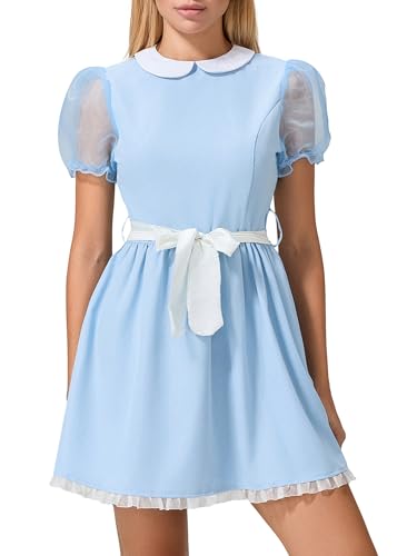 Acrawnni Halloween-Kostüm für Damen und Mädchen, blau, kurz, durchscheinend, Puffärmel, Puppenkragen, Lolita-Kleid mit Gürtel, Party, Cosplay, Kostüm (A-Gelb, M) von Acrawnni