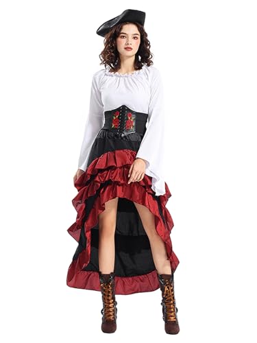 Acrawnni Halloween-Piratenkostüm für Damen, ausgestellte Ärmel, gerüschter Rock, Hut und Korsettgürtel, Set für Cosplay-Party-Outfits (A-Weiß, L) von Acrawnni