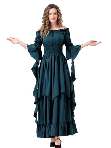 Acrawnni Mittelalterliches Renaissance-Kostüm für Damen, Halloween, ausgestellte Ärmel, schulterfrei, gesmokte Taille, viktorianisches Kleid, irisches Chemise-Kostüm (Standard, S, A-Malachitblau) von Acrawnni