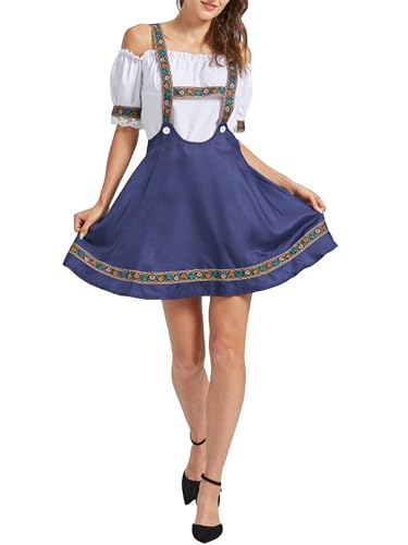 Acrawnni Oktoberfest-Kostüm für Damen, klassisches deutsches Dirndlkleid, Lederhosen-Kostüm für Bierfest (Standard, L, A-Marineblau) von Acrawnni