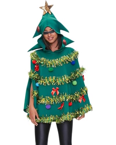 Acrawnni Weihnachtsbaum Umhang für Frauen Poncho Kostüm Kappe Grün Schleife Ball Dekor Kapuze Umhang Umhang Party Prop für Cosplay Party, A-grün, 36 von Acrawnni