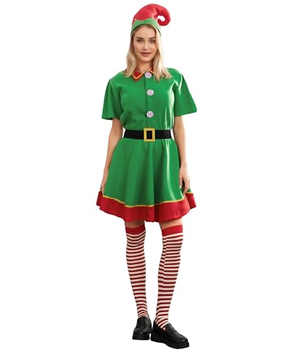 Acrawnni Weihnachtselfen-Kostüm-Set für Mädchen, Jungen, Herren, Damen, Weihnachtselfenkostüm, Outfit, Weihnachtsmannkleid mit Mütze, Gürtel, Socken (A-Damen, Weihnachtself, M) von Acrawnni