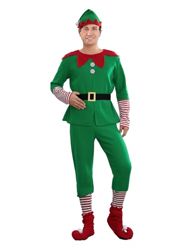 Acrawnni Weihnachtselfen Kostüm Set für Mädchen Jungen Herren Damen Weihnachtselfen Kostüm Outfit Weihnachtsmann Kleid mit Hut Gürtel Socken (A-Men Weihnachtself, L) von Acrawnni