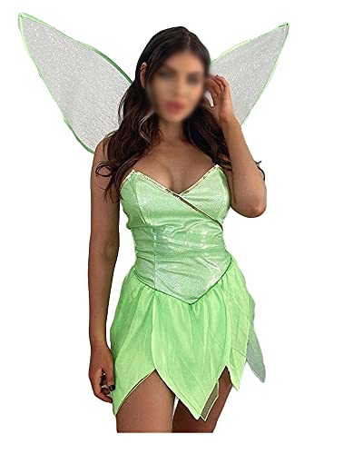 Damen Halloween Waldfee Tinkerbell Cosplay Kleid Kostüm Paillettenkleid Outfits Halloween Elfenkleid mit Flügeln (A-Green, L) von Acrawnni