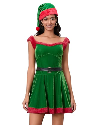 Damen Weihnachten Santa Kleid Deluxe Mrs. Claus Kostüm mit Gürtel Samtkleid Nikolausmütze Set Cosplay Outfits (A-Grün, L) von Acrawnni