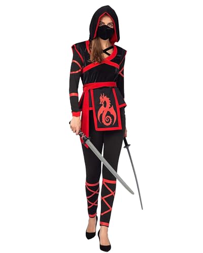 Drachen-Ninja-Kostüm für Damen, Halloween, Festivals, Rave-Party, Rollenspiel, Strampler-Kostüm, Anime, Cosplay, Ninja-Krieger-Kostüm, Erwachsene (A-Schwarz Rot, L) von Acrawnni