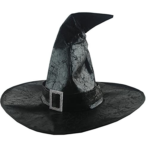 Halloween-Hexenhut für Damen, mit Falten, gerüscht, schief, böser Hexenhut, Teufelspinne, Zaubererhut für Kostüm, Cosplay, Party (A-Schwarz, 43 x 33 cm) von Acrawnni