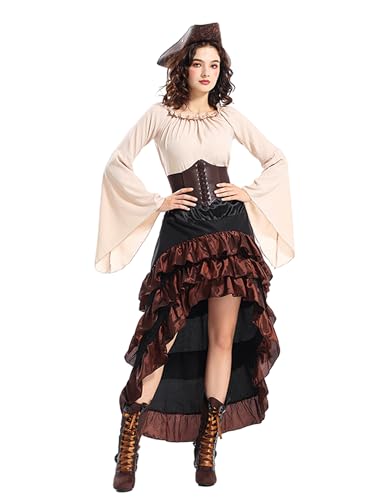 Halloween-Piratenkostüm für Damen, ausgestellte Ärmel, gerüschter Rock, Hut und Korsettgürtel, Set für Cosplay-Party-Outfits (A-Champagner, L) von Acrawnni