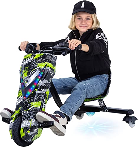 Actionbikes Motors Kinder Elektro Driftscooter | 𝟐𝟓𝟎 Watt Motor - Drift Cart 360°- 3 Geschwindigkeitsstufen - LED-Beleuchtung - Sitz verstellbar - Bluetooth - Drift Kart - Drift Auto (Grün Polo) von Actionbikes Motors