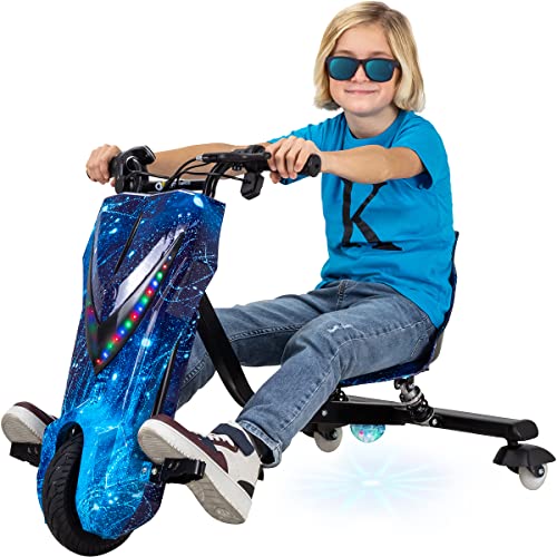 Actionbikes Motors Kinder Elektro Driftscooter 360 Grad - 250 Watt Elektromotor - 3 Geschwindigkeitsstufen - LED-Beleuchtung - Sitz verstellbar - Bluetooth - Drifter - Drift Trike (Space Blue) von Actionbikes Motors