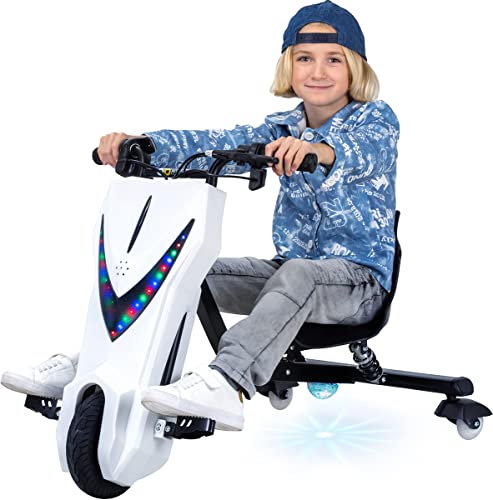 Actionbikes Motors Kinder Elektro Driftscooter 360 Grad - 250 Watt Elektromotor - 3 Geschwindigkeitsstufen - LED-Beleuchtung - Sitz verstellbar - Bluetooth - Drifter - Drift Trike (Weiß Matt) von Actionbikes Motors