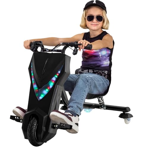 Actionbikes Motors Kinder Elektro Driftscooter | 𝟐𝟓𝟎 Watt Motor - Drift Cart 360°- 3 Geschwindigkeitsstufen - LED-Beleuchtung - Sitz verstellbar - Bluetooth - Drift Kart - Drift Auto (Schwarz) von Actionbikes Motors