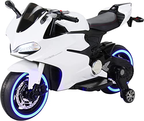 Kinder Elektromotorrad 1299SS - 70 Watt - LED Beleuchtung - Stützräder - Softstart - Multimedia SD-Karte/USB / MP3 / AUX - Stoßdämpfer - Elektro Motorrad für Kinder - Ab 3 Jahre - Soundmodul (Weiß) von Actionbikes Motors