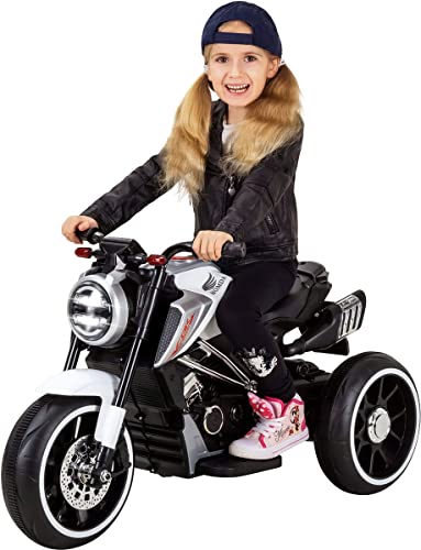 Original Actionbikes Motors Kinder Elektromotorrad Cruiserbike | 2X 6 Volt 18 Watt Motoren - Gaspedalschalter - Bremsautomatik - LED-Scheinwerfer - USB- & AUX-Anschluss (Weiß) von Actionbikes Motors