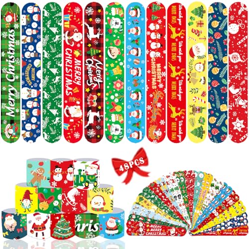 Acuiwer 48 Stück Weihnachten Schnapparmband Christmas Slap Armbänder Kindergeburtstag Gastgeschenke Party Slap Bracelet für Kinder Mädchen Jungen von Acuiwer