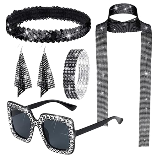 Acunny 70er-Jahre-Accessoires Damen,Disco-Accessoires Damen - 1970er Jahre Disco-Zubehör Disco-Set | Halskette, Armbänder, Rock-Sonnenbrille, Ohrringe, Paillettenschal und Stirnband für Halloween, von Acunny