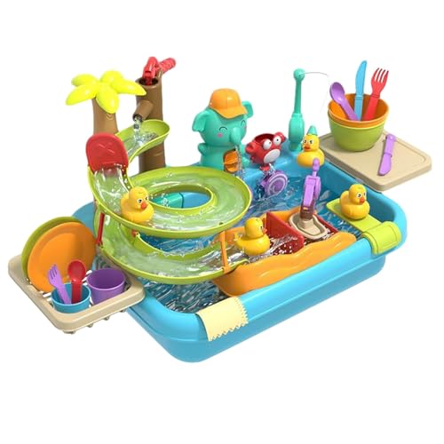 Acunny Arbeitswaschbecken für Kinder,Wasserwaschbecken für Kinder, 4-in-1-Spielset zum Reinigen der Küche, Pool-Schwimm- und Angelspielzeug, Spülmaschinen-Spielspielzeug mit Rutschbahn für Kinder, und von Acunny