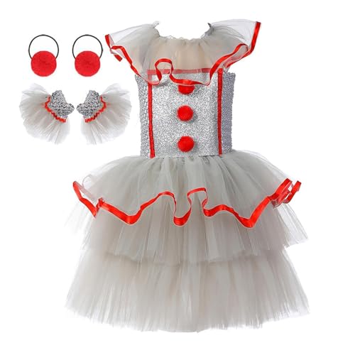 Acunny Clownkleid für Mädchen, Clownkostüm für Mädchen - Kinder Tüllkleid - Prinzessinnen-Rollenspielkleidung für Mädchen im Alter von 2–10 Jahren, einschließlich Kragen, Haarteil und Armbänder von Acunny