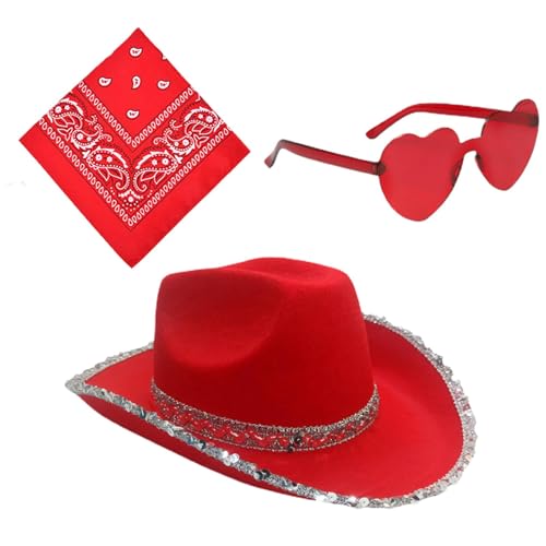 Acunny Cowboy Hut Damen Rosa Cowboyhut Mit Pailletten Western Cowboy Hut Filz Cowgirl Hut Glitzer Cowgirl Hut Karneval Kostüm Zubehör Kopfbedeckung Cosplay-Zubehör von Acunny