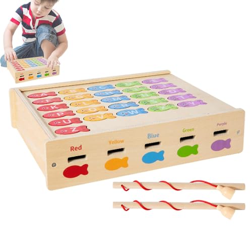 Acunny Holzmagnetfischereispiel, Kinderfischereispiel - Magnetisches Fisch Alphabetspiel,Interaktive Form -Sortierbox, Lern- und Bildungsspielzeug, Feinmotorik -Fähigkeiten Spielzeug für Mädchen und von Acunny