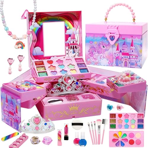 Acunny Make-up-Set für Kinder, Make-up für Kinder,Make-up-Spiel für kleine Mädchen - Großes Aufbewahrungsbox-Design, Prinzessinnen-Schönheitsset, Spielzeug für Kleinkinder zum Geburtstag, Urlaub von Acunny