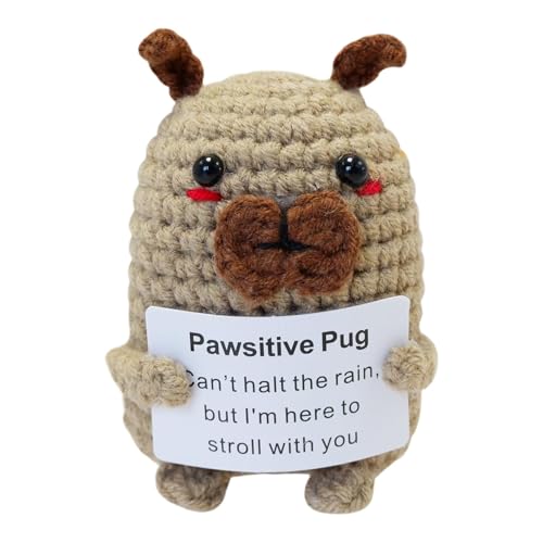 Acunny Positiver Häkelhund,Lustiger positiver Häkelhund - Gestrickte Puppe zum Stressabbau - Positive gehäkelte Mops-Tiere, niedliche gestrickte Hundespielzeuge, die eine Unterstützungskarte für von Acunny