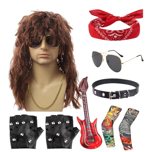 Acunny Rocker-Kostüm für Herren, 80er-Jahre-Rocker-Kostüm | 70er 80er Rocker Perücken Herren Hippie Perücke mit Bandana Sonnenbrille | 9-teiliges Herren-Rocker-Heavy-Metal-Kostüm von Acunny