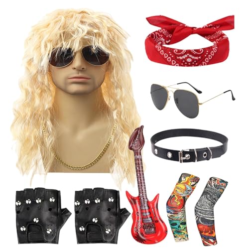 Acunny Rocker-Kostüm für Herren, Rocker-Kostüm-Set,Rocker-Heavy-Metal-Kostüm für Herren | 9-teiliges Herren-Rocker-Heavy-Metal-Kostüm 70er-80er-Jahre-Rocker-Perücken Herrenkostüm-Set für den täglichen von Acunny