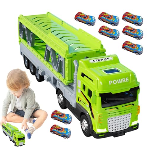 Acunny Spielzeug-Trucks mit Ejection-Rennstrecke,Ejection-Transportfahrzeug, Zusammenklappbarer Rennstrecken-Auswurfwagen mit 8 Autos, Lagerung Doppelschichtiger Transporter Spielzeug Metall LKW von Acunny