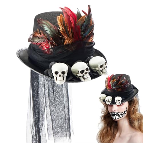 Acunny Steampunk Cosplay Hut Steampunk Hut für Herren Gothic Steampunk Kostüm Halloween Cosplay Kopfschmuck für Damen und Herren mit Totenkopf, Federn, Mesh schwarz von Acunny