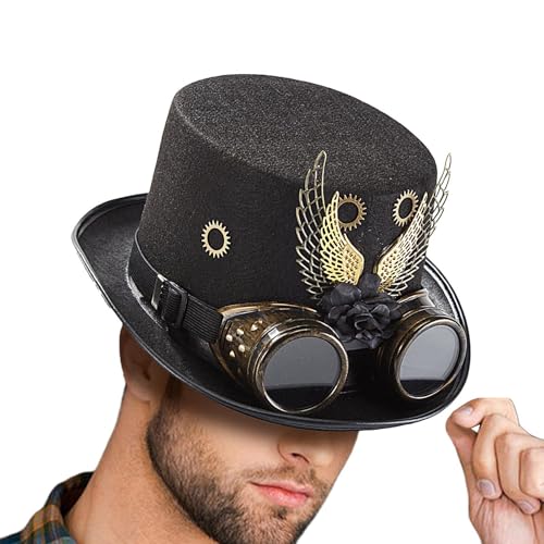 Acunny Viktorianischer Steampunk-Hut, Steampunk-Hut mit Schutzbrille, Halloween-Kostümflügel und Ausrüstungshüte, Retro-viktorianischer Zylinder für Halloween-Kostüme, Feiern, Rollenspiele von Acunny