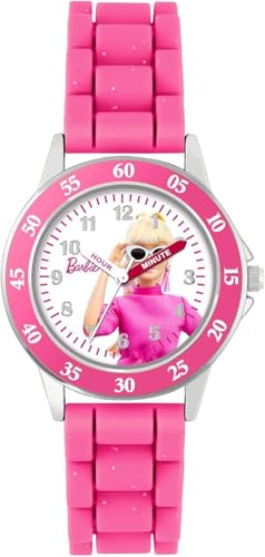 Accutime Barbie Time Teacher Analoge Kinderuhr für Kinder| Lernuhr mit Stunden-und Minutenbeschriftung |Verstellbares Acryl-Armband, Edelstahlgehäuse, Perfekt für Schule & Freizeit, inkl. Batterie, Pink von Acutime