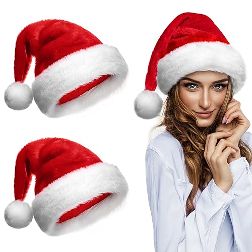 Acxilexy 2 Stück Weihnachtsmützen für Erwachsene, Unisex Bequemer Samt Weihnachtsmützen mit Bommel, Plüsche Nikolausmütze, Rote Santa Mütze für Weihnachts und Neujahrskostüm Partydekoration von Acxilexy