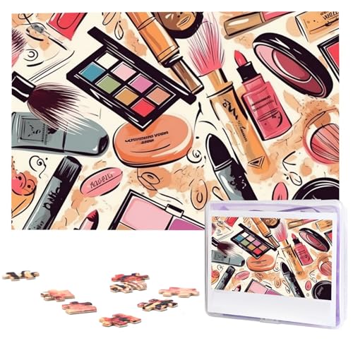 Kosmetik- und Make-up-Themenmuster-Puzzle, 1000 Teile, personalisierte Puzzles für Erwachsene, Fotopuzzle, anspruchsvolle Puzzles für Heimdekoration, Holzpuzzle für Männer und Frauen, Geburtstagsparty von AdaNti