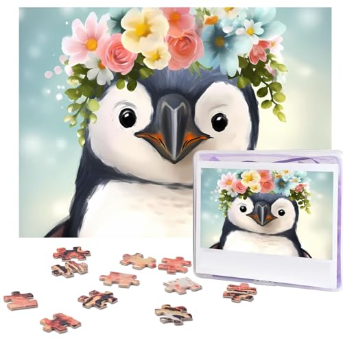 Pinguin trägt Blumen Puzzles 500 Teile Personalisierte Puzzles für Erwachsene Fotopuzzle Holzpuzzle Geschenk Home Art Wandbehang Dekor für Geburtstag Hochzeit Valentinstag Jahrestag von AdaNti