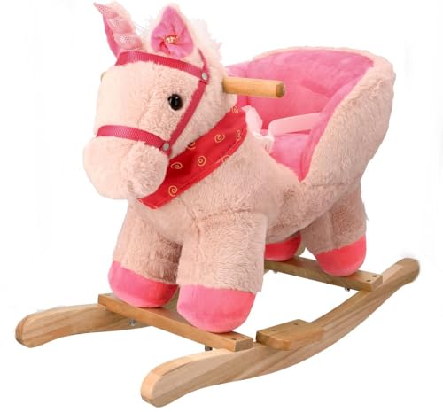 AdamToys - Schaukelpferd ab 1 Jahr - Schaukeltier mit weichem Sitz, Gurt und Tiergeräuschen - Stabile Holzkufen mit Fußstützen - Baby 1 Jahr Geburtstag - Rosa von AdamToys